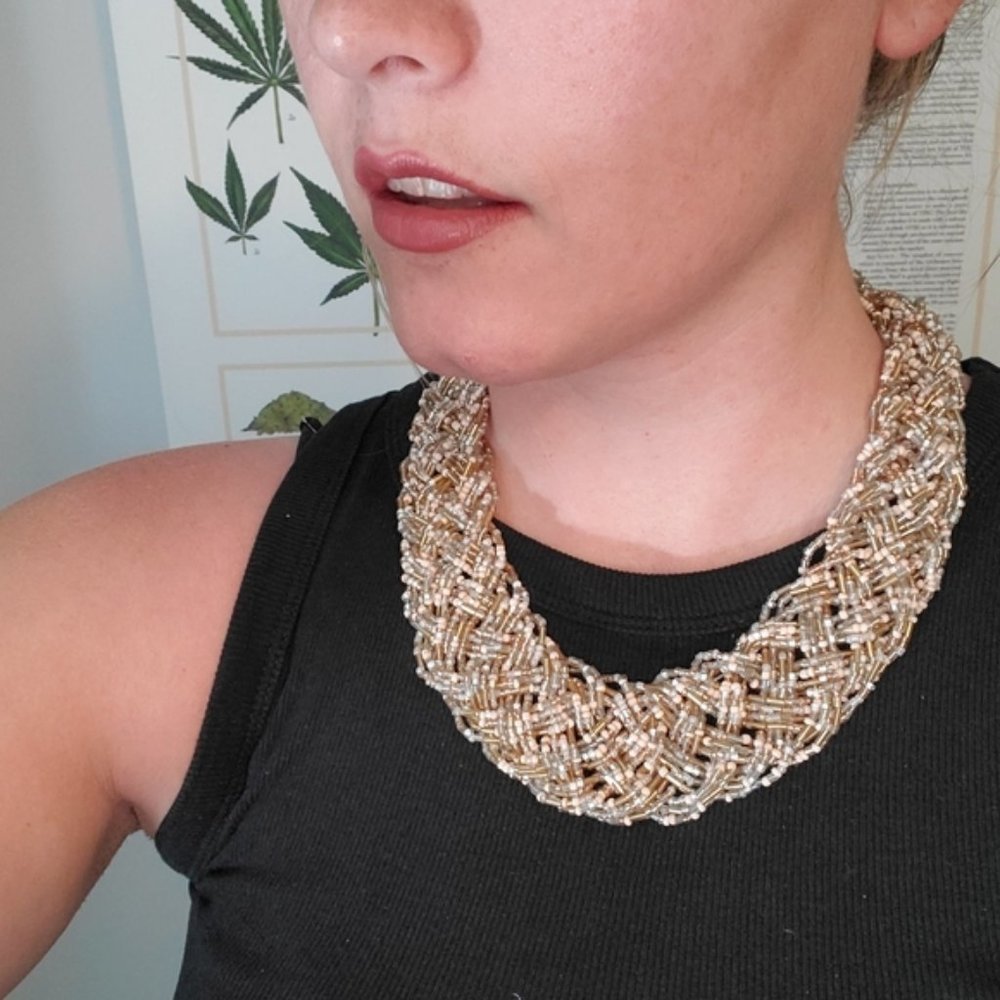 Chunky Braided Beaded Necklace - Gold Tone